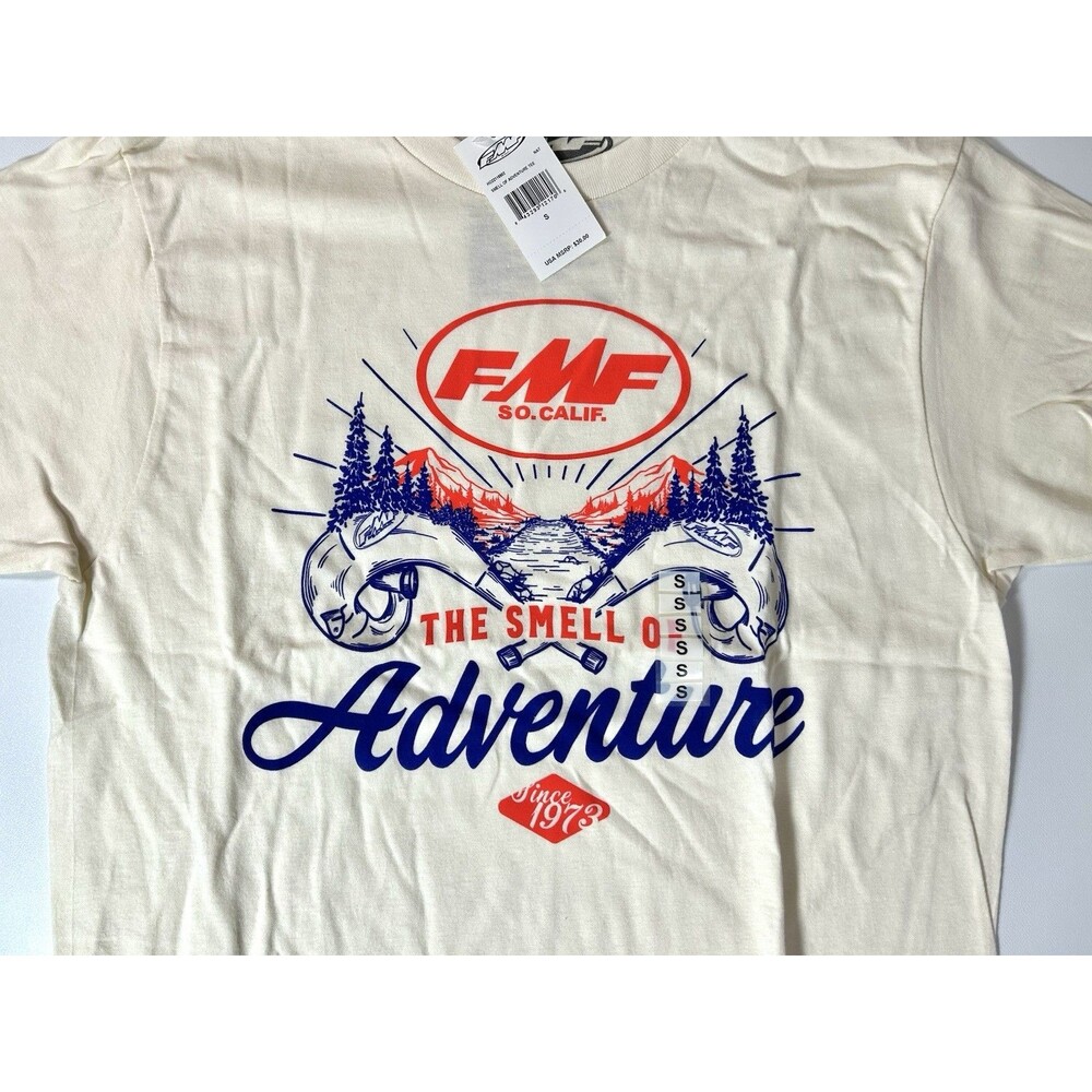 NWT FMF Racing Small "Smell of Adventure" Creme White Moto t-shirt